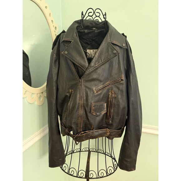 4 Openers Size L Mens Leather Jacket Motorcycle Black Biker Heavy Belt Cafe - Picture 2 of 8